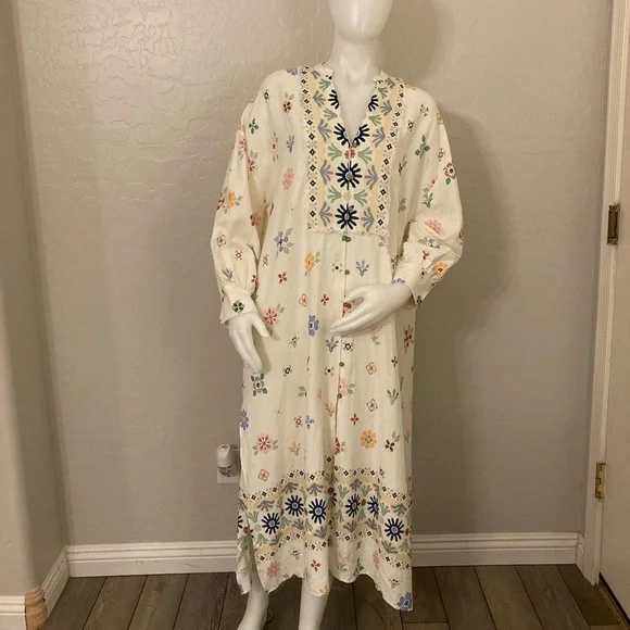 ZARA Oversized Linen Blend Floral Print MIDI Kaftan Dress White Large - Picture 2 of 13